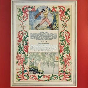 May include: A framed illustration featuring two stories, Strong Hans and The Kiss of Undine, with decorative red and green scrollwork borders. The top panel shows a figure with a club, and the bottom panel depicts a white figure near a willow tree.