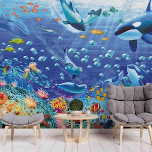 Carta da parati del mondo sottomarino 3D, murale blu, decorazione della parete di corallo, arte della parete dei delfini, staccare e incollare, carta da parati rimovibile, adesivo da parete