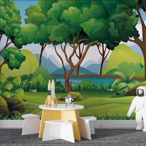 3D Cartoon Tapete, Grünes Wandbild, Waldwand-Dekor, Landschaftswandkunst, Schälen und Kleben, Abnehmbare Tapete, Wandaufkleber