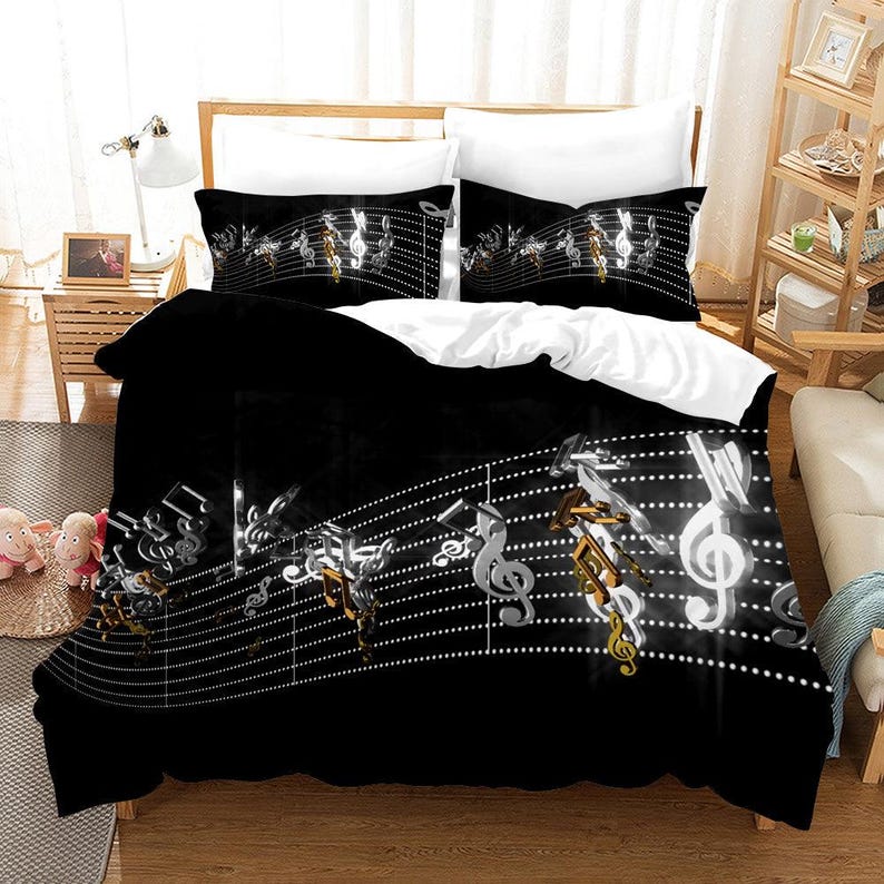 Music Note Bedspread 3D Music Notes Duvet Cover Set, Black and Gold Bedding - Etsy