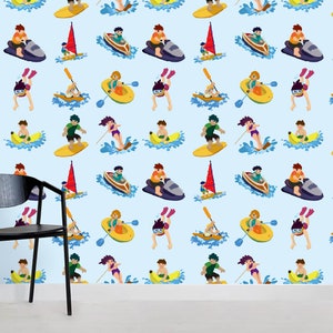 3D watersport behang, zomer elementen muur muurschildering, zwemmen muur decor, cartoon kunst aan de muur, Peel en Stick, verwisselbaar behang