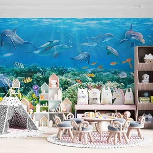 Mondo subacqueo Delfino Corallo 3D Peel and Stick, Carta da parati rimovibile, Carta da parati autoadesiva, Decalcomanie da muro, Carta da parati murale