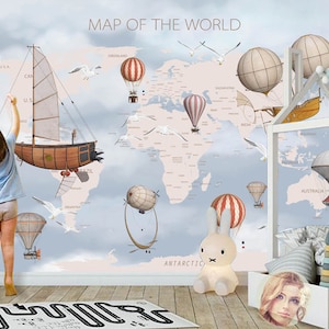 Fondo de pantalla del mapa del mundo 3D, mural de la pared del globo aerostático, decoración de la pared de la nave espacial, arte de la pared del cielo de la gaviota, pelar y pegar, fondo de pantalla extraíble