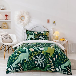Set copripiumino dinosauro 3D, copripiumino foglie, set biancheria da letto verde, copripiumino Plantst, biancheria da letto doppia con cartoni animati, set biancheria da letto per bambini