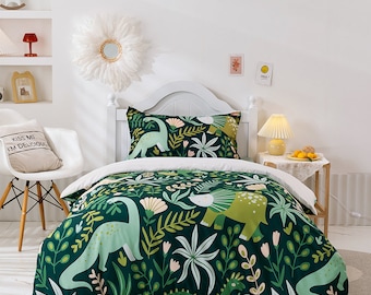 Dinosaur Duvet Cover Set Twin Size – Palm Trees Wildlife Bedding For Boys/Teens Room Decor (2pc With 1 Pillowcase) - View #5