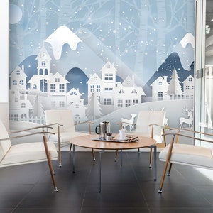 3D Town Wallpaper, Winter Muurschildering, Cartoon Wall Decor, Kids Wall Art, Peel and Stick, Verwisselbaar behang, Muursticker