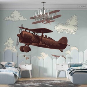 Cartoon muurmuurschildering – 3D retro vliegtuig wolk handgetekende kinderbehang, Peel-and-Stick behang, kunst aan de muur voor woonkamer, slaapkamer, kantoor