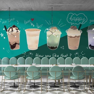 3D Hand getrokken, Cartoon, Bubble Tea, Milk Tea Shop, Pearl Tea, Wall Art, Peel and Stick, verwijderbaar behang, muursticker 35