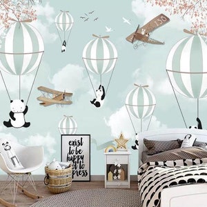 3D Cartoon Airplane Hot Air Balloon Animal Panda Kids Wallpaper Removable Wallpaper-Peel and stick Wall Mural,Playroom Wallpaper Wall deco,r