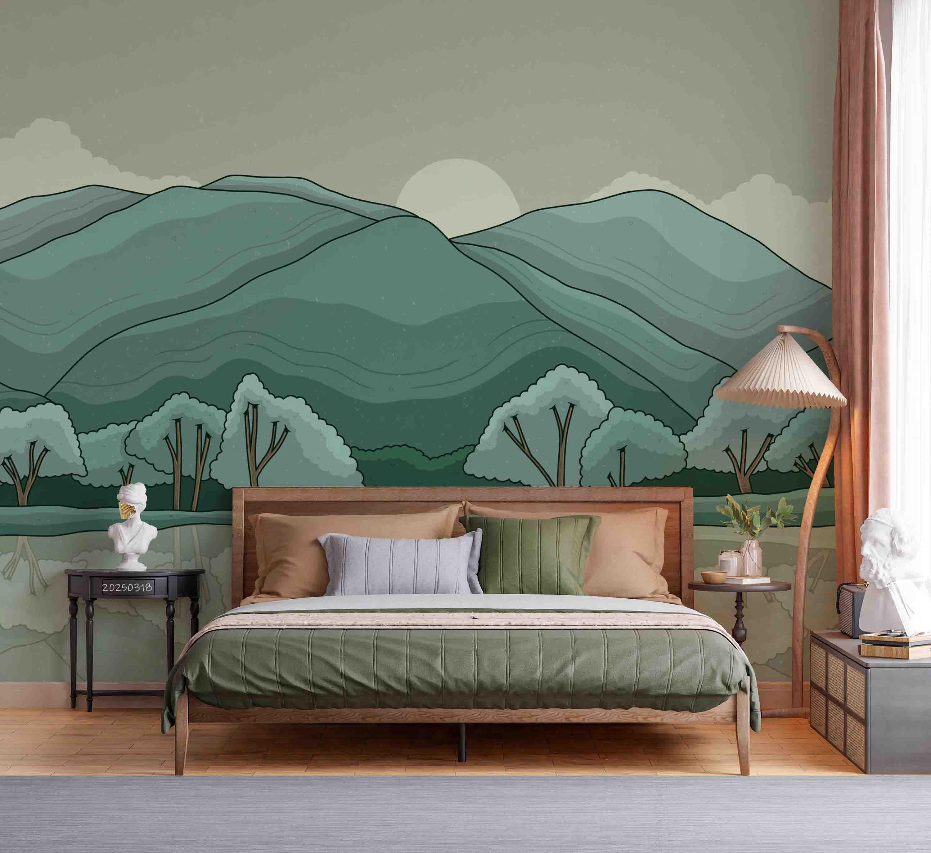 Mountain Landscape Wallpaper Mural – 3D Trees, Peel and Stick Wall Art ...