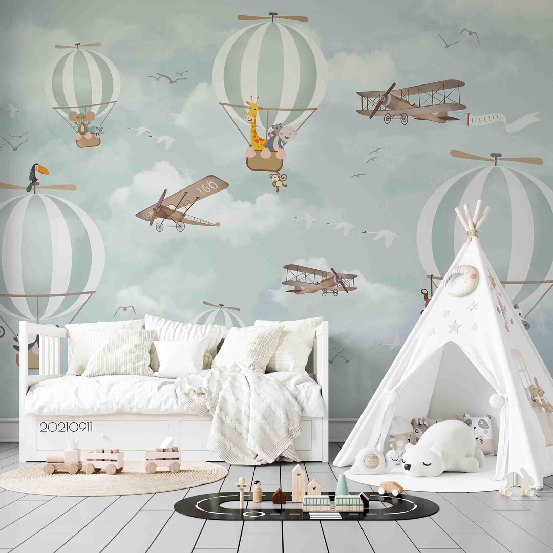 Cartoon Hot Air Balloon Wallpaper Mural: Kids Room Decor, Peel and ...