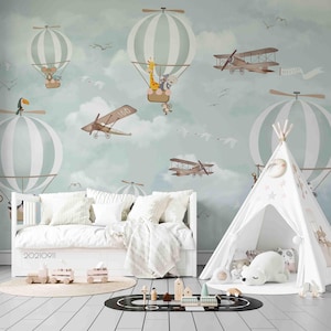 Cartoon Wall Mural – 3D Hot Air Balloon Airplane Animal Kids Wallpaper, Peel and Stick Wallpaper, Wall Art for Living Room, Bedroom, Office