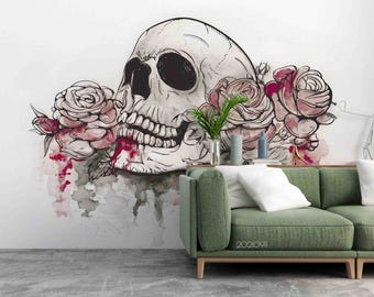 Floral Skull Wall Mural – Hand Drawn Peel and Stick Wallpaper