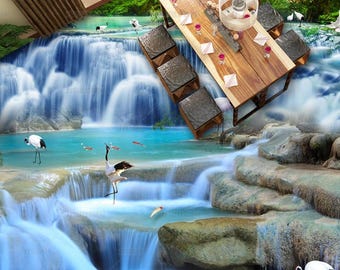 Mural de vinilo autoadhesivo con diseño 3D de cascada, grúa y carpa.