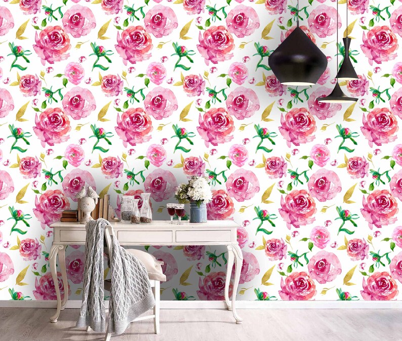 Wall Mural,Vintage art,Peel and Stick Flower Wallpaper 3D Watercolor Gorgeous Removable Self Adhesive Wallpaper Pink-tones