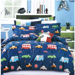 3D Cartoon Duvet Covers Set, Bus Quilt Cover, Car Bedding Set, Pattern Doona Cover, Light Twin Bedding, Blue Bedding