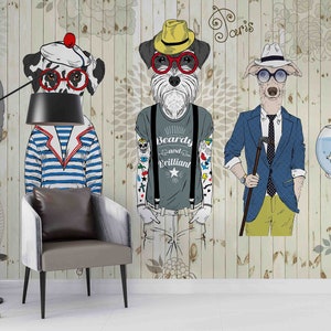 Tapeta 3D Cartoon Animal Dog Zebra Goldfish Plank Texture Tapeta zdejmowana-zdejmowana i przyklejana na ścianę, tapeta do pokoju zabaw, dekoracja ścienna, r