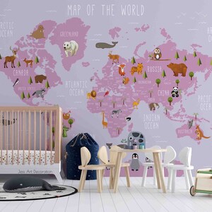 3D Pink Cartoon World Map Wallpaper-Nursery Wllpaper Fondo de pantalla extraíble-Peel and stick Wall Mural,Playroom Wallpaper Decoración de pared 781