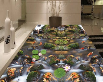 Lotus de poissons de roche 3D, Papier peint de sol en vinyle, Vinyle auto-adhésif, oeuvre d'art pour sol, Sol de salle de bain, Sol de cuisine, Sol époxy, Impression 3D, Visuel 3D