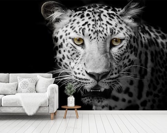 Fondo de pantalla de leopardo 3D, mural de pared de avatar, decoración de pared de fondo negro, arte de pared antiguo, pelar y pegar, fondo de pantalla extraíble, pegatina de pared