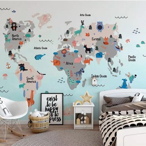 3D Weltkarte Tapete, Tier Wandbild, Cartoon Wand-Dekor, Kinder Wandkunst, Schälen und Stick, Abnehmbare Tapete, Wandaufkleber