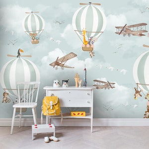 3D Hot Air Balloon Wallpaper, Animal Wall Mural, Airplane Wall Decor, Cartoon Wall Art, Peel and Stick, Removable Wallpaper, Wall Sticker