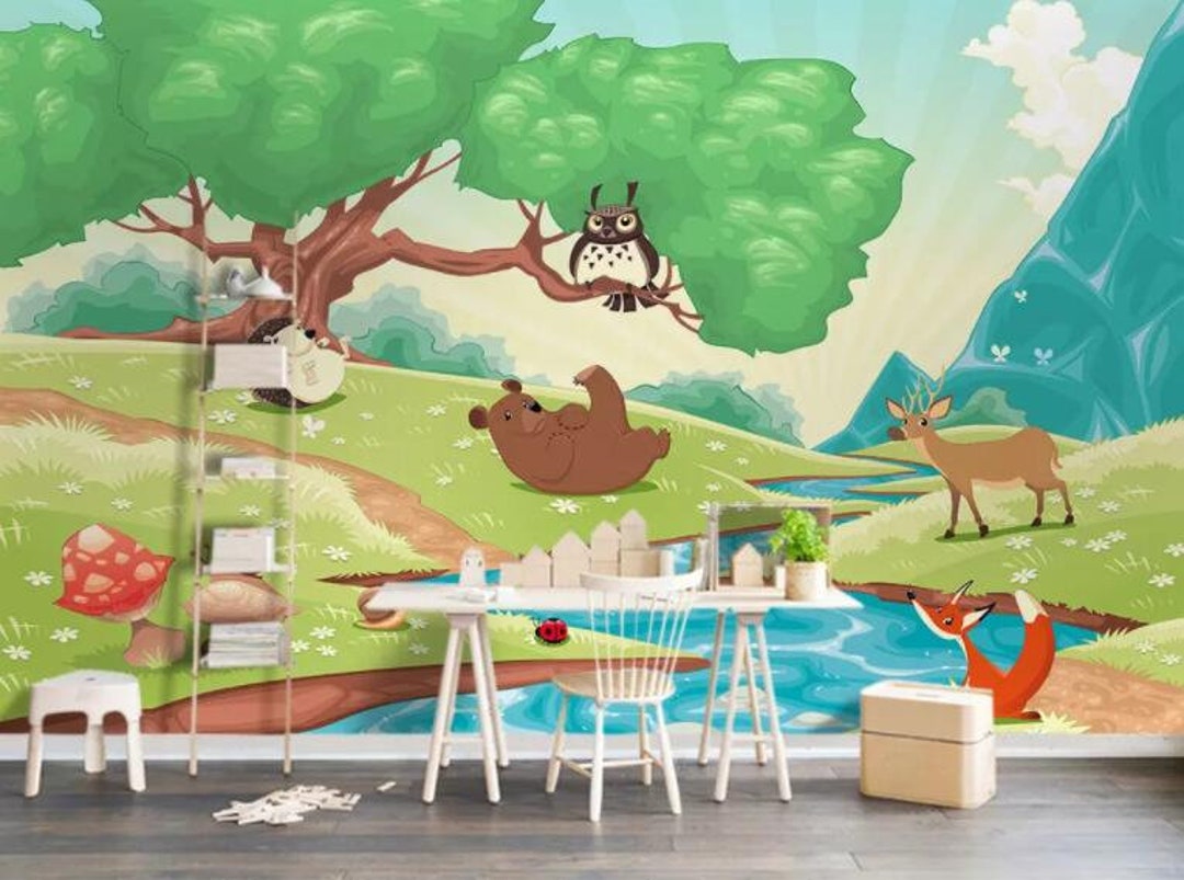3D Cartoon Wallpaper, Forest Wall Mural, Animal Wall Decor, Kids Wall