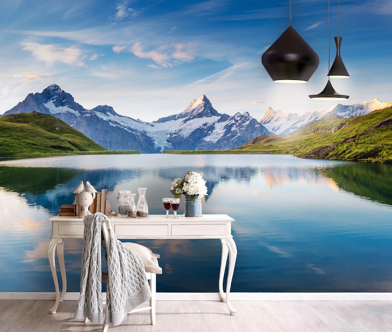 3D Calm lake Removable Self Adhesive Wallpaper Wall Mural,Vintage art,Peel and Stick Mountain scenery Wallpaper