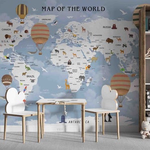 Mapa del mundo azul Globo aerostático 3D Peel and Stick, Fondo de pantalla extraíble, Mural de pared, Fondo de pantalla autoadhesivo, Calcomanías de pared, Mural de fondo de pantalla