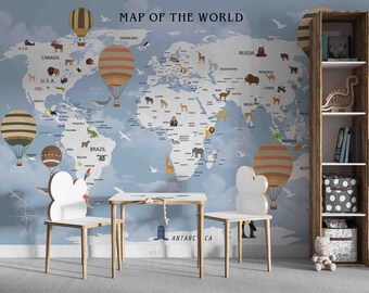 Mural de papel pintado removible con mapa del mundo azul y globo aerostático