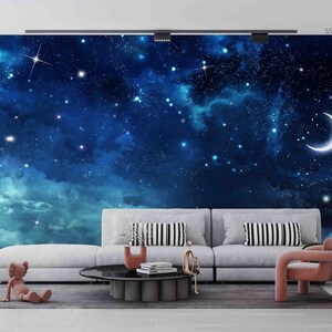 3D Starry Sky Wallpaper, Blue Wall Mural, Moon Wall Decor, Cloud Wall ...