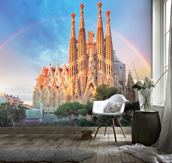 3d Building Barcelona Sagrada Familia Rainbow Retro Wallpaper Etsy