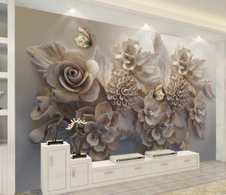 3D Embossed Wallpaper Floral Wall Mural Butterfly Wall Etsy