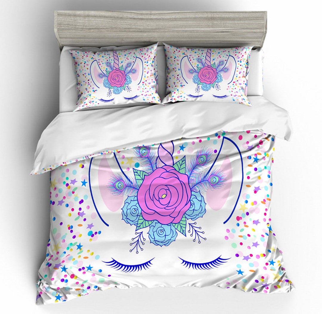 3D Unicorn Duvet Covers Set, Floral Quilt Cover, Feather Bedding Set