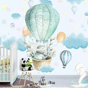 3D Hot Air Balloon Wallpaper, Cartoon Wall Mural, Watercolor Wall Decor, Kids Wall Art, Peel and Stick, Removable Wallpaper, Wall Sticker
