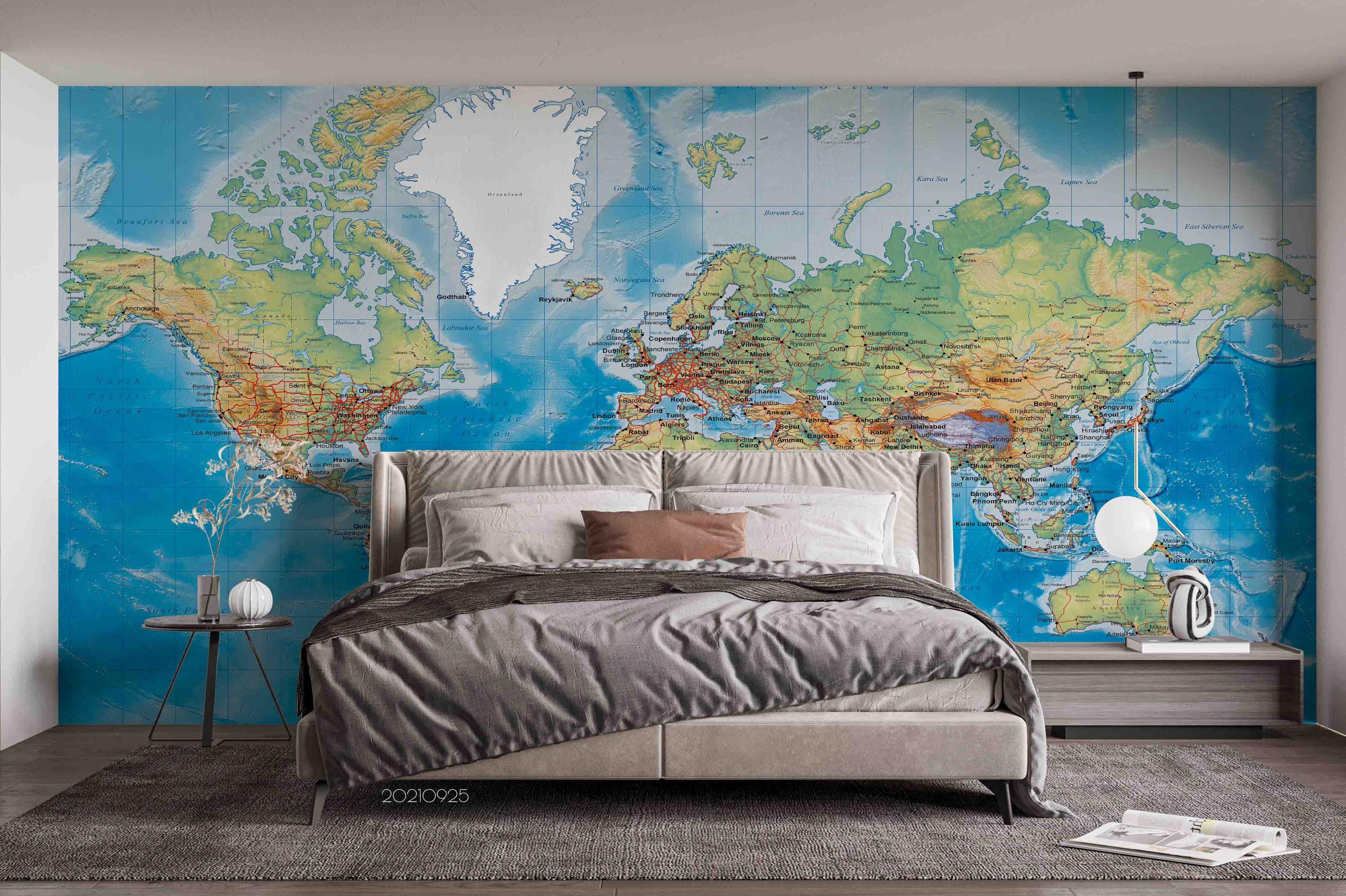World Map Wall Mural – 3D Classic Blue Wallpaper, Peel and Stick ...