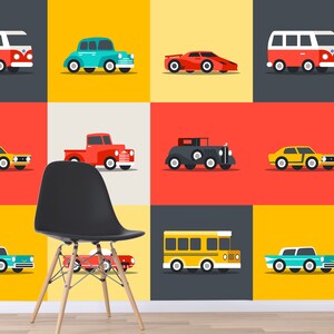 3D auto behang, kleurrijke muur muurschildering, cartoon wand decor, auto set kunst aan de muur, Peel en Stick, verwisselbaar behang, muur sticker