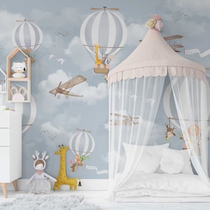 3D Cartoon Hot Air Balloon Animal Giraffe Airplane Wallpaper Removable Wallpaper-Peel and stick Wall Mural,Playroom Wallpaper Wall deco,r