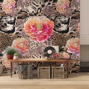 Vintage Peony Flower Leopard 3D Peel and Stick, Abnehmbare Tapete, Wandbild, Selbstklebende Tapete, Wandtattoo, Tapetenwandbild