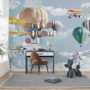 3D Cartoon Airplane Hot Air Balloon Wallpaper Removable Wallpaper-Peel and stick Wall Mural,Playroom Wallpaper Wall deco,r