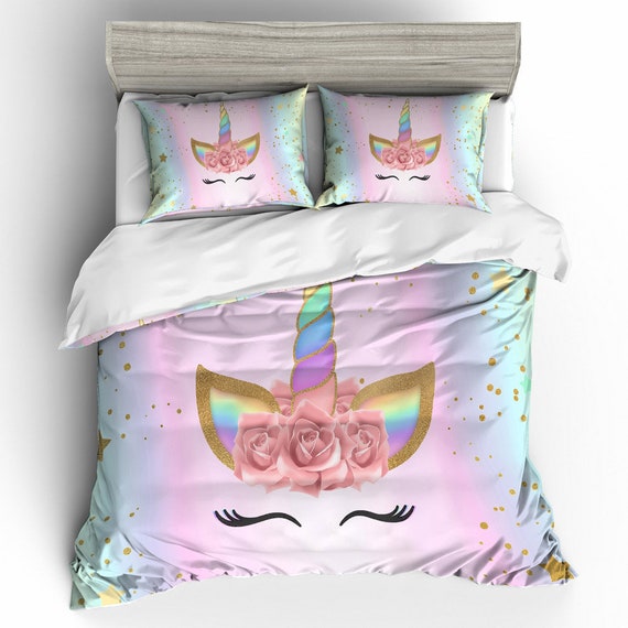 3d Rainbow Cartoon Unicorn Bedding Set Quilt Cover Quilt Etsy