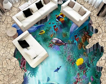 3D Underwater World Dolphin Vinyl Floor Mural, Self-Adhesive Art