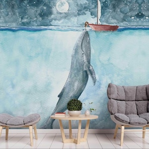 Carta da parati blu 3D, murale marino, decorazione da parete con animali, arte da parete con delfino, stacca e incolla, carta da parati rimovibile, adesivo da parete
