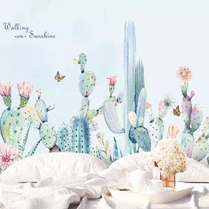 Carta da parati floreale 3D disegnata a mano con piante di cactus Carta da parati rimovibile-Murale con stacca e incolla, Carta da parati per sala giochi Decorazione murale, r