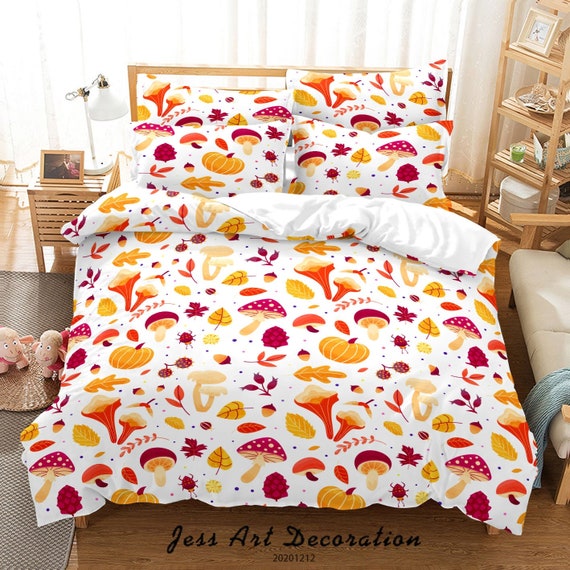 3D Mushroom Duvet Covers Set Pumkin Quilt Cover Leaves Bedding