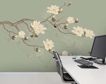 3D Magnolia Branch Wallpaper Mural, Peel and Stick, Removable
