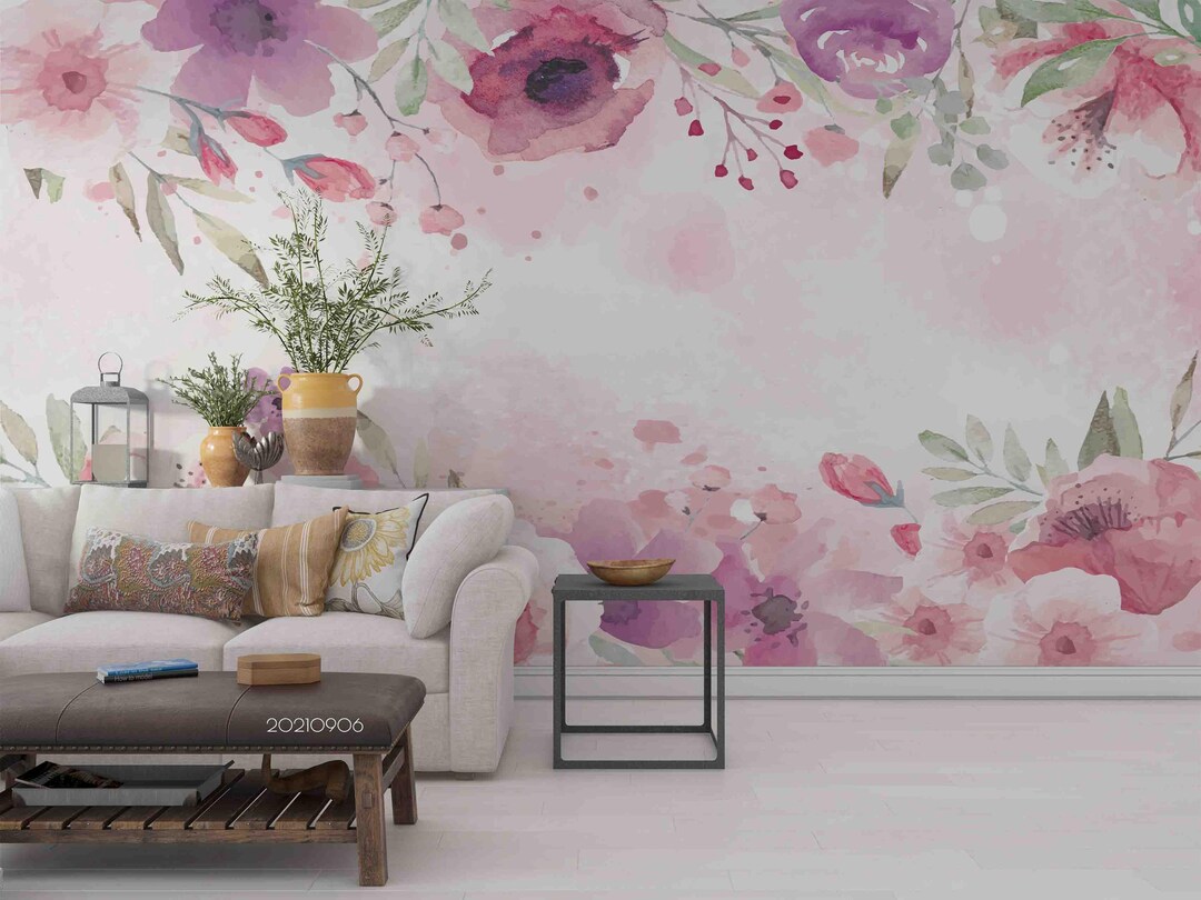 Watercolor Wall Mural – 3D Colorful Floral Green Leaves Wallpaper, Peel ...