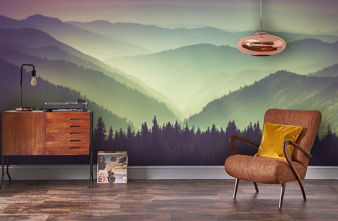 Mountains Forest Landscape Wallpaper, Peel and Stick Wall Mural - Etsy