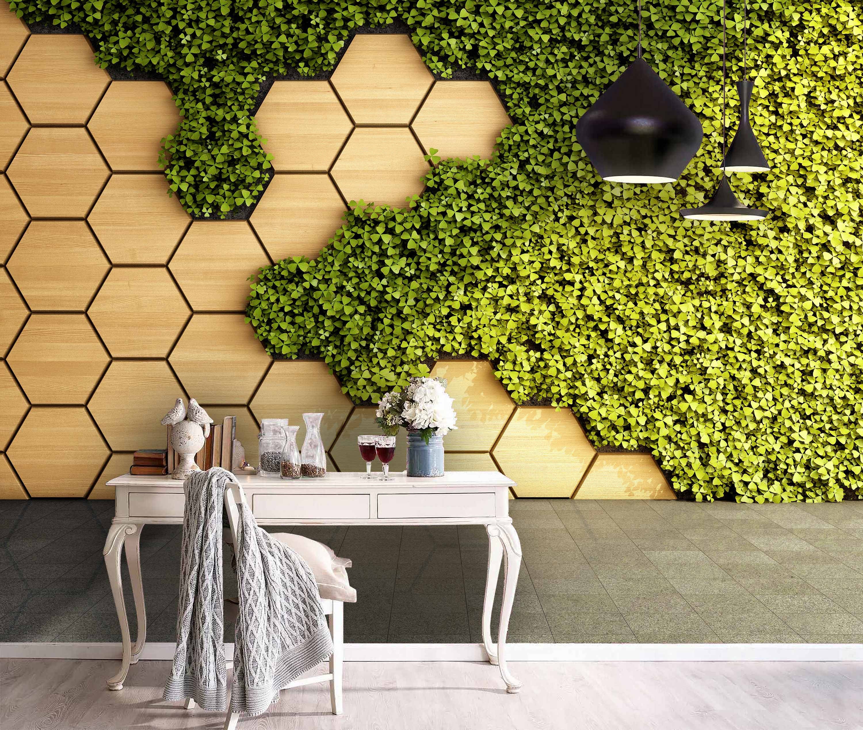 3D Green Clover Wallpaper Mural, Geometric Hexagon Wall Decor