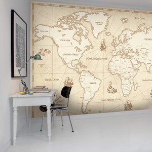Papel tapiz retro de albaricoque con mapa del mundo en 3D, papel tapiz extraíble, Mural de pared para pelar y pegar, decoración de pared para sala de juegos, r